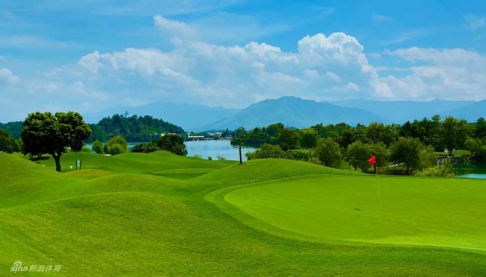 球道沿着湖岸优美的曲线延伸，左侧是平静如镜的湖水，右侧是起伏的丘陵和树林，构图如画。
