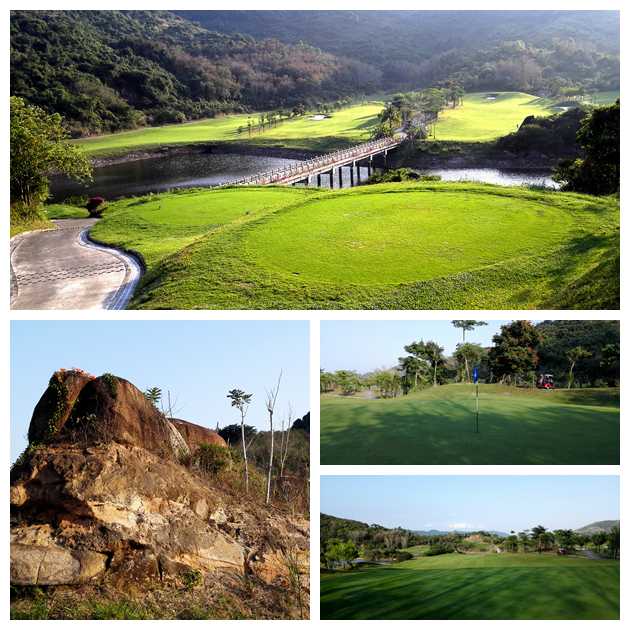 热带树木与鲜艳花卉簇拥着球道，形成一条色彩斑斓的挥杆通道